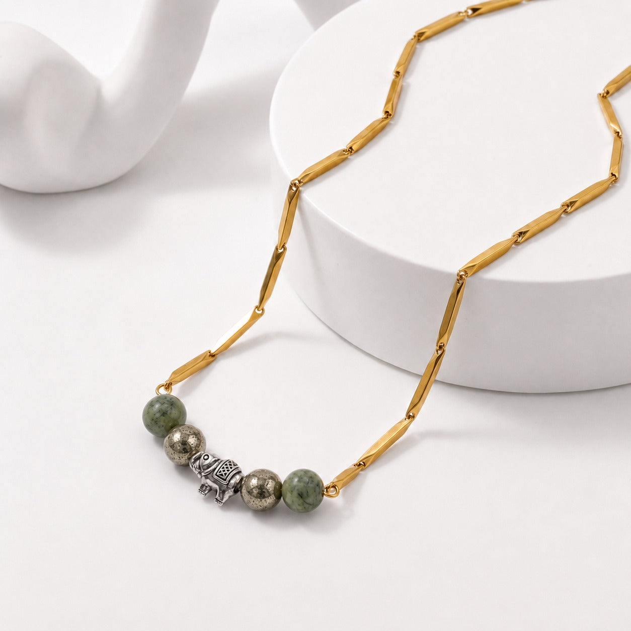 Green Harmony Golden Rice Chain Necklace — Green Aventurine, Black Obsidian & Clear Quartz