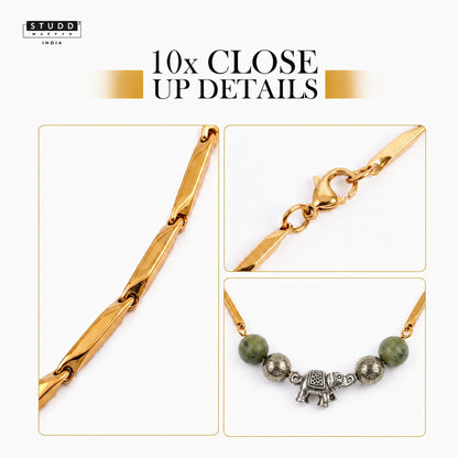 Green Harmony Golden Rice Chain Necklace — Green Aventurine, Black Obsidian & Clear Quartz