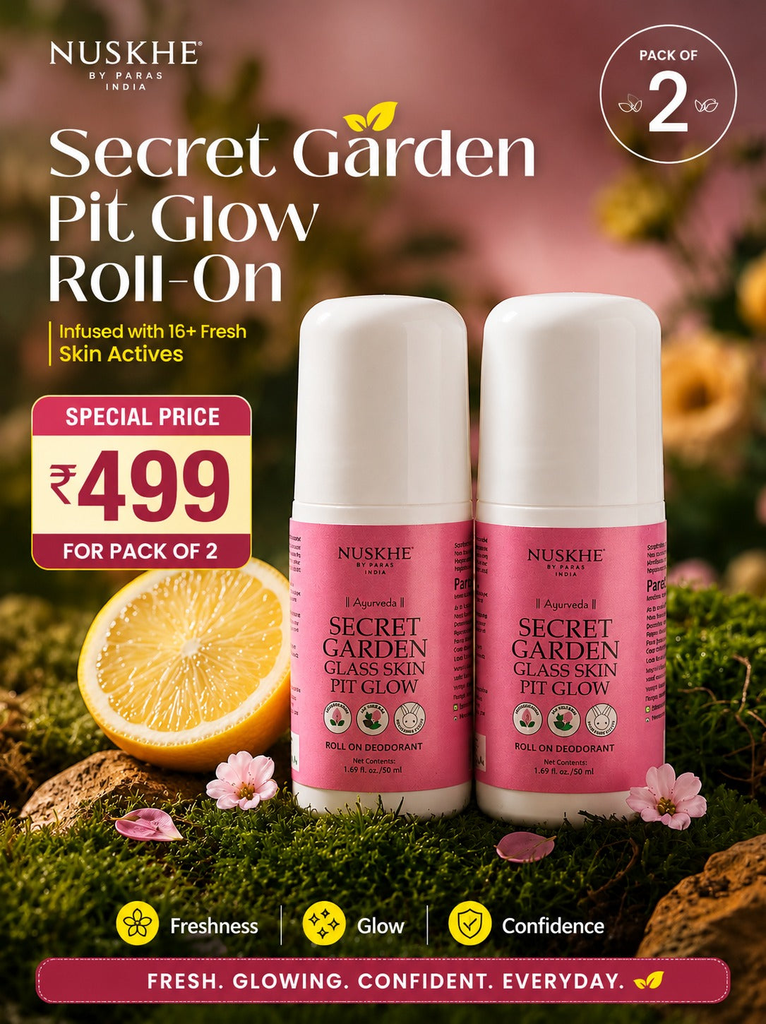 Secret Garden Glass Skin Pit Glow Roll-On Deo [ Pack of 2 ]