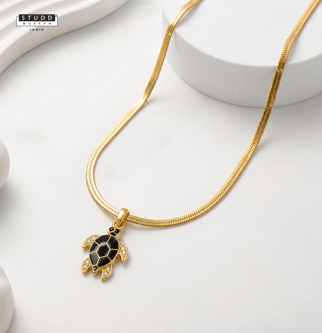 Black Turtle Pendant - 24k Gold Tone Plated [ With Chain ]