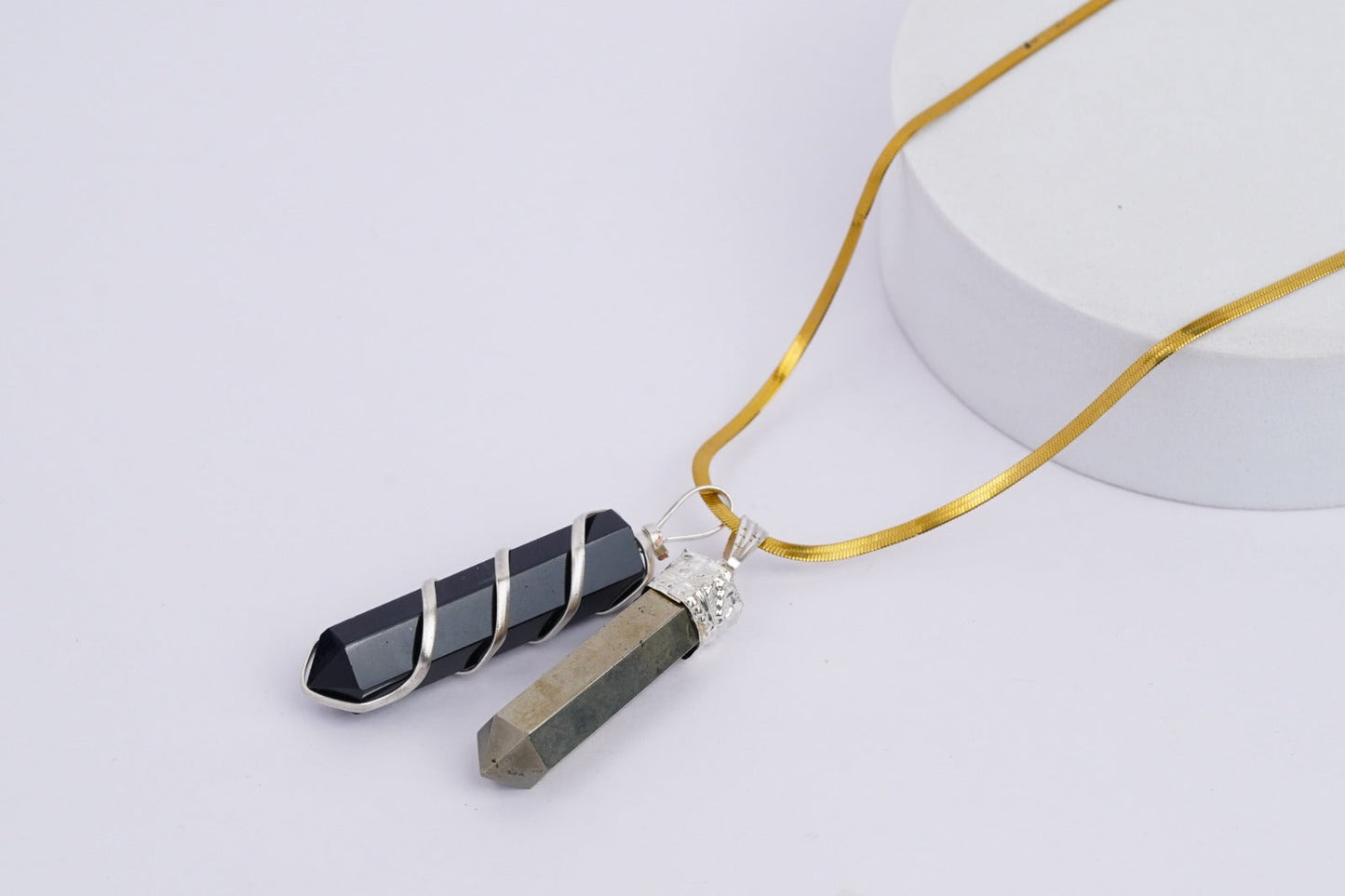 Pyrite and Obsidian Crystal Pencil Pendant with Chain