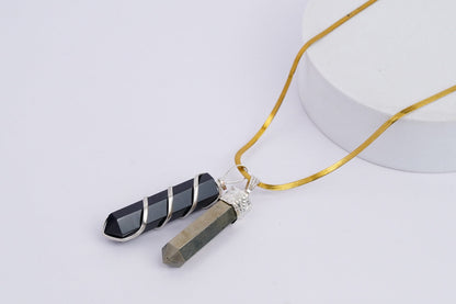 Pyrite and Obsidian Crystal Pencil Pendant with Chain