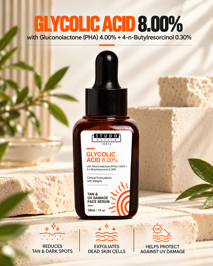 Studd Muffyn Glycolic Acid 8% Tan and UV Damage Face Serum 30ml with Gluconolactone PHA 4% and 4-n-Butylresorcinol 0.3%: reduces tan and dark spots, exfoliates dead skin cells, helps protect against UV damage