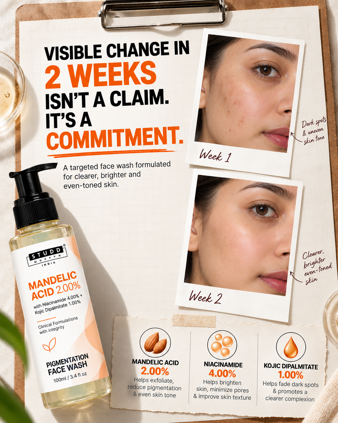 Visible change in 2 weeks: week 1 dark spots and uneven skin tone vs week 2 clearer brighter even-toned skin with the Mandelic Acid pigmentation face wash