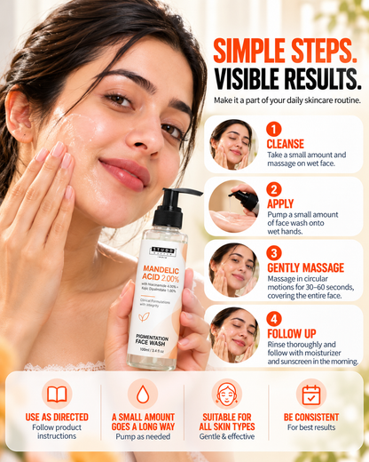 How to use the Mandelic Acid pigmentation face wash: wet face, pump a small amount, massage 30-60 seconds, rinse and follow with moisturiser and sunscreen