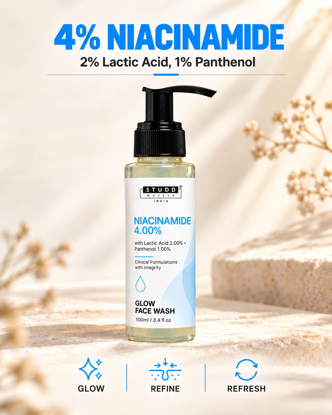 Studd Muffyn Niacinamide 4% Glow Face Wash 100ml with Lactic Acid 2% and Panthenol 1%