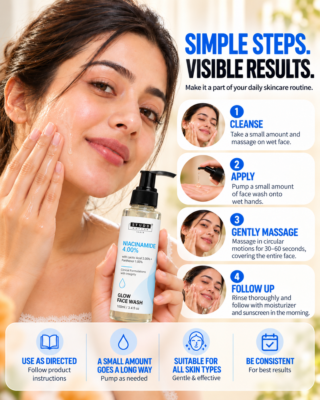 How to use the Niacinamide glow face wash: wet face, pump a small amount, massage 30-60 seconds, rinse and follow with moisturiser and sunscreen