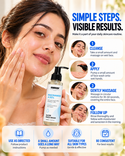 How to use the Niacinamide glow face wash: wet face, pump a small amount, massage 30-60 seconds, rinse and follow with moisturiser and sunscreen