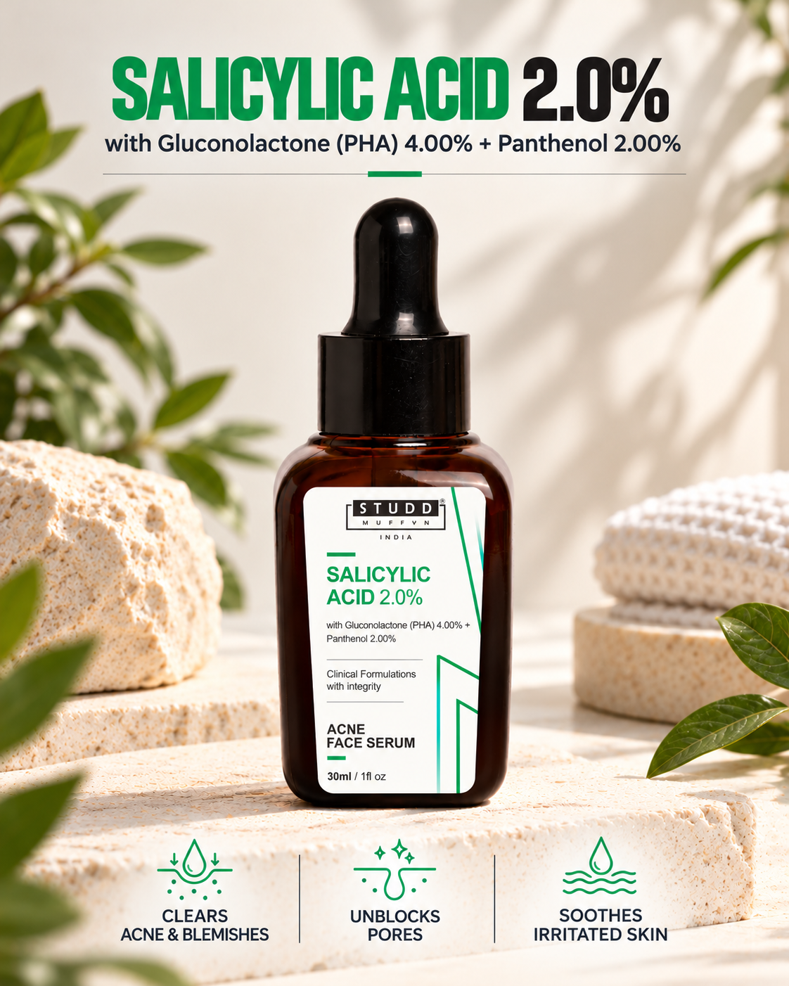 Studd Muffyn Salicylic Acid 2% Acne Face Serum 30ml with Gluconolactone PHA 4% and Panthenol 2%: clears acne and blemishes, unblocks pores, soothes irritated skin
