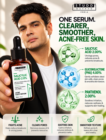 Salicylic Acid 2%, Gluconolactone PHA 4% and Panthenol 2% ingredient benefits: fights acne, clears pores, soothes skin, smoother texture