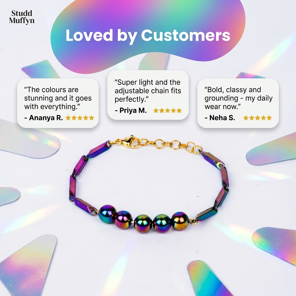 Five-star review cards for the Prism Hematite Rice Chain Bracelet