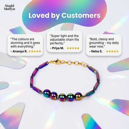 Five-star review cards for the Prism Hematite Rice Chain Bracelet