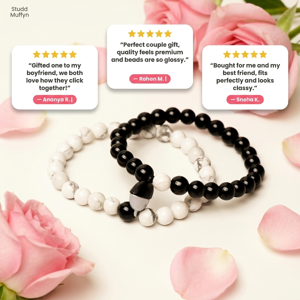 Five-star customer review cards for the magnetic couple bracelet
