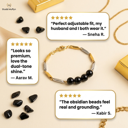 Flat-lay of the Black Obsidian bracelet with three five-star customer review cards