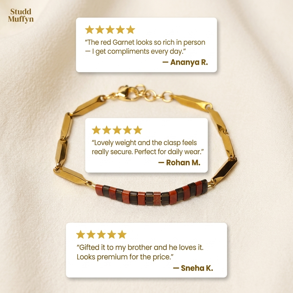 Three five-star review cards for the Passion Golden Rice Bracelet