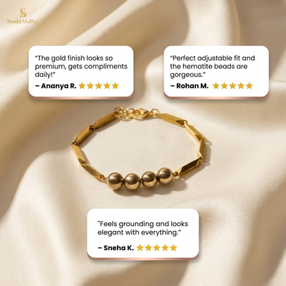 Three five-star customer review cards for the Golden Hematite Rice Bracelet