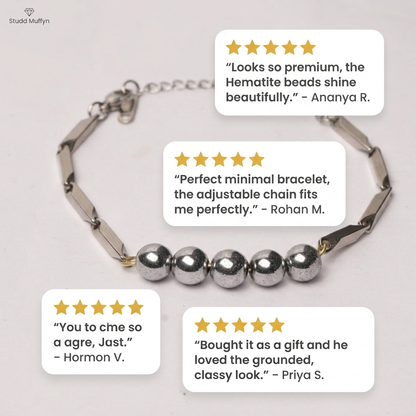 Five-star customer review cards for the Silver Hematite Rice Bracelet