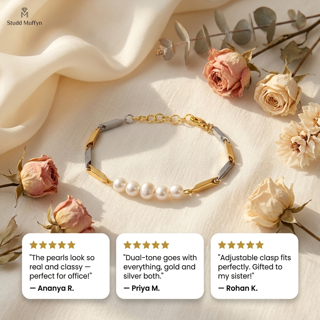 Flat-lay of the pearl bracelet with three five-star customer review cards from Indian buyers