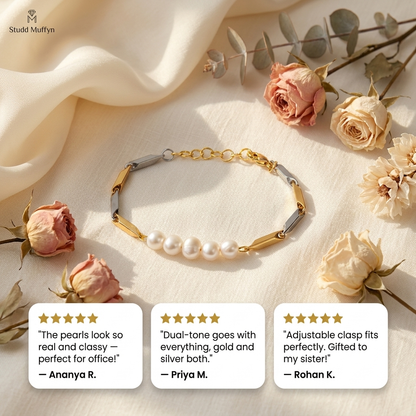 Flat-lay of the pearl bracelet with three five-star customer review cards from Indian buyers