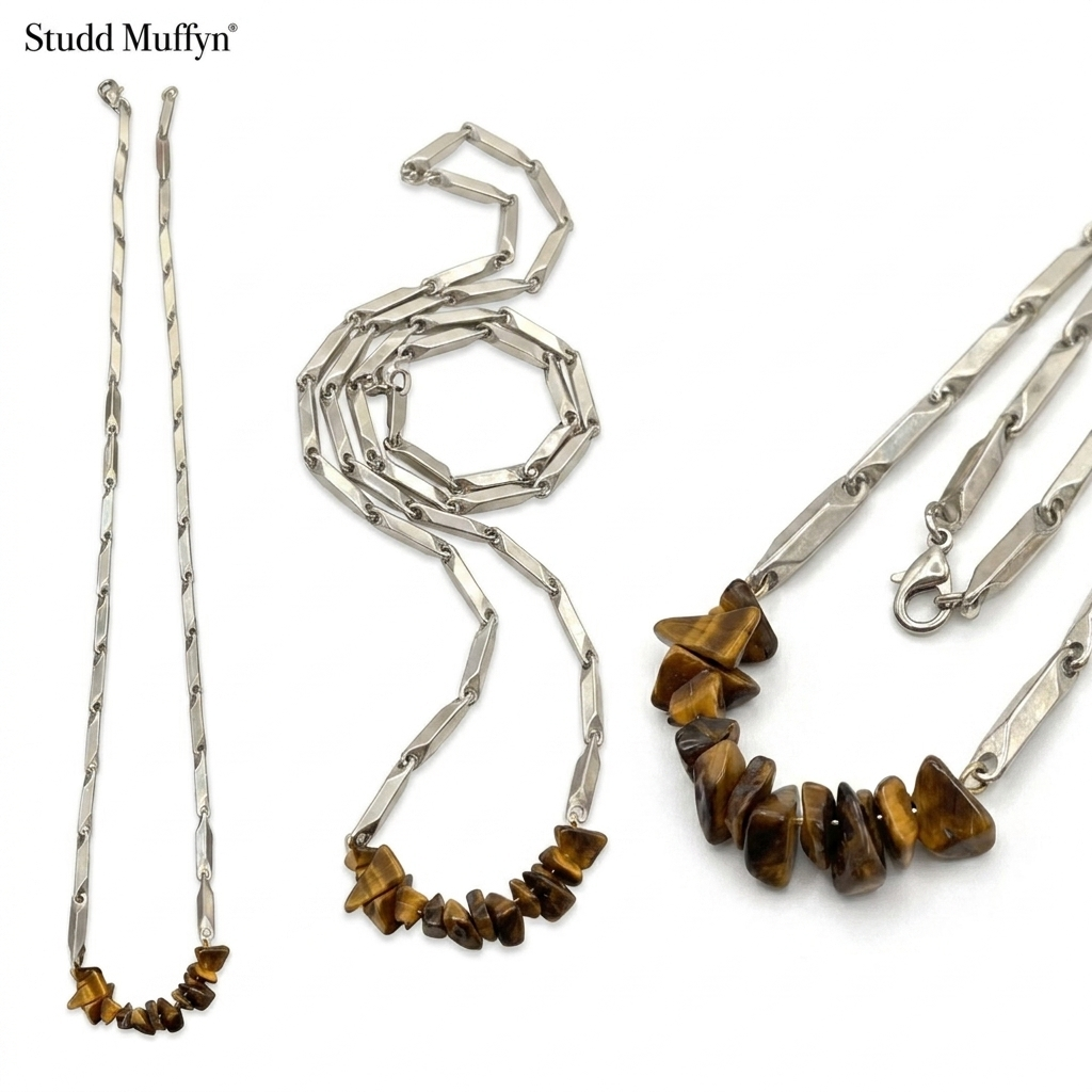 Clean multi-angle catalog collage of the Tiger Eye rice chain necklace