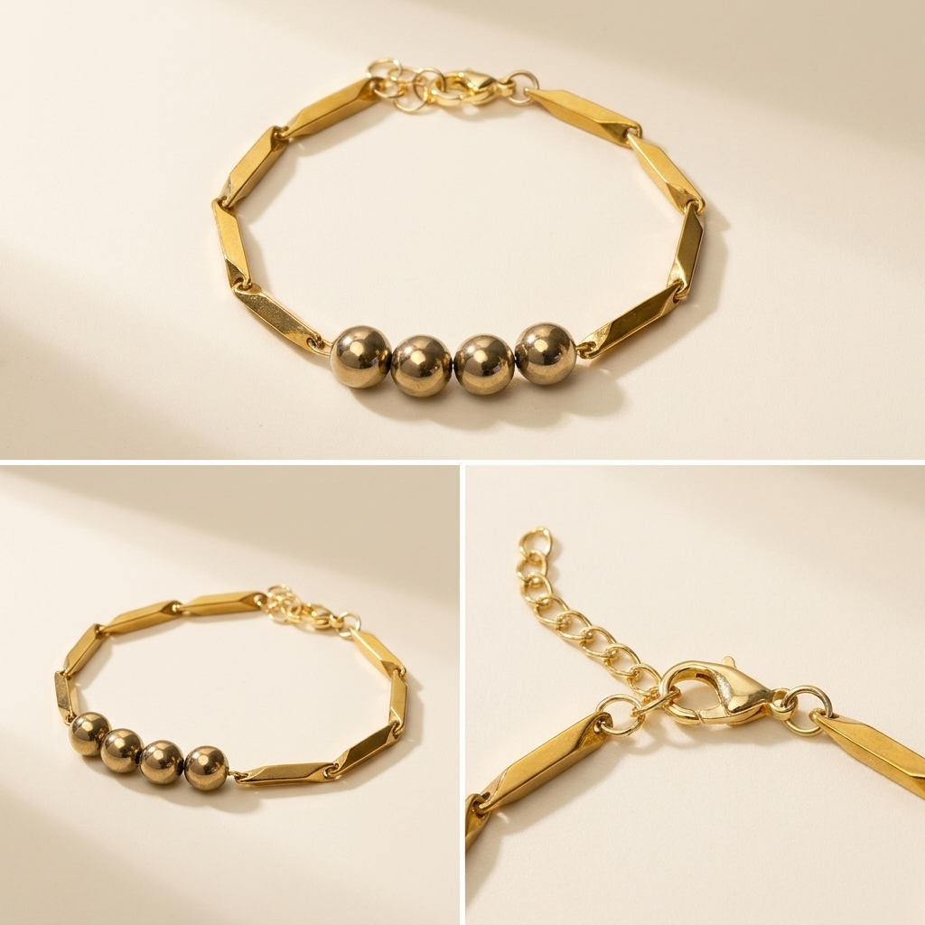 Multi-angle catalog collage of the Golden Hematite Rice Bracelet