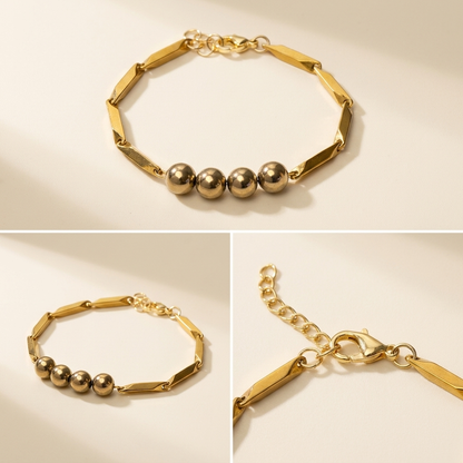 Multi-angle catalog collage of the Golden Hematite Rice Bracelet