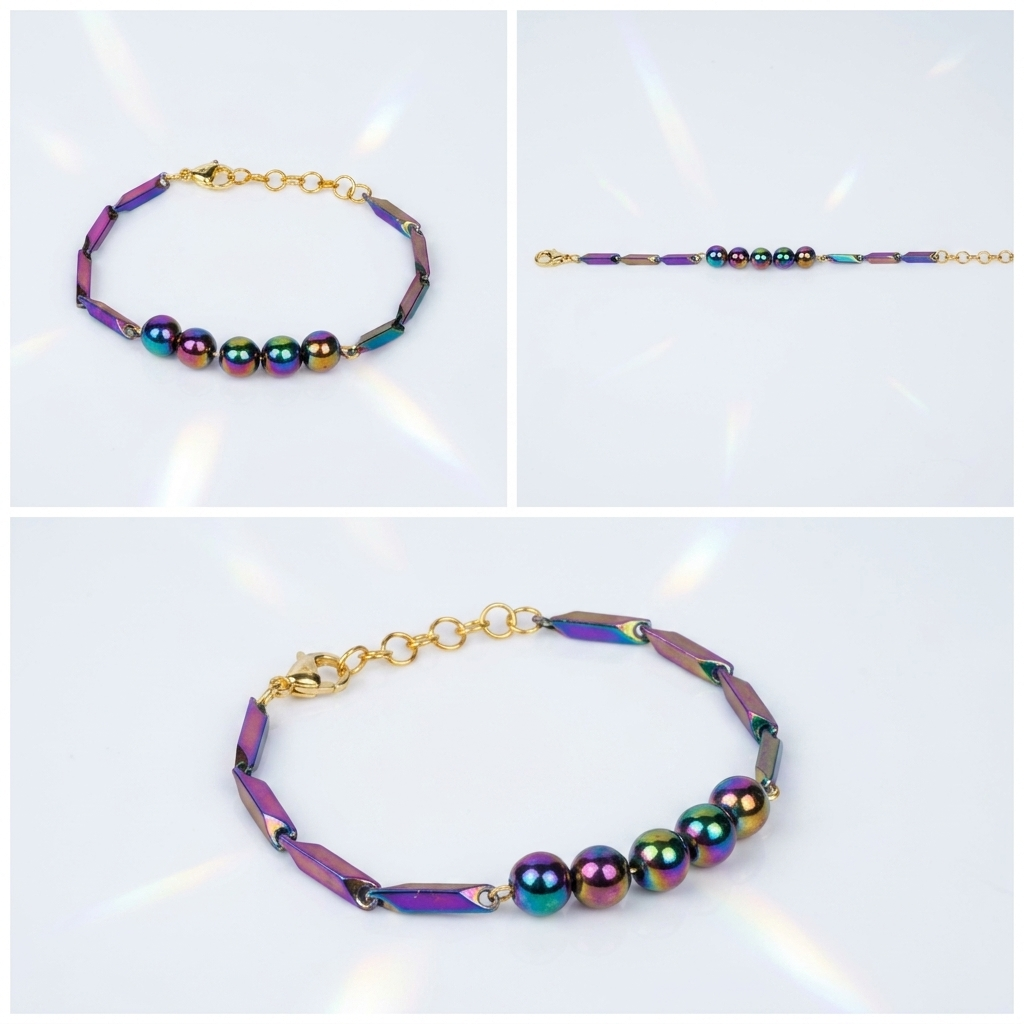 Multi-angle catalog collage of the Prism Hematite Rice Chain Bracelet