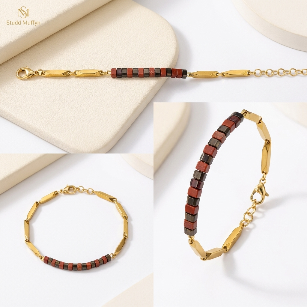 Multi-angle catalog collage of the Passion Golden Rice Bracelet