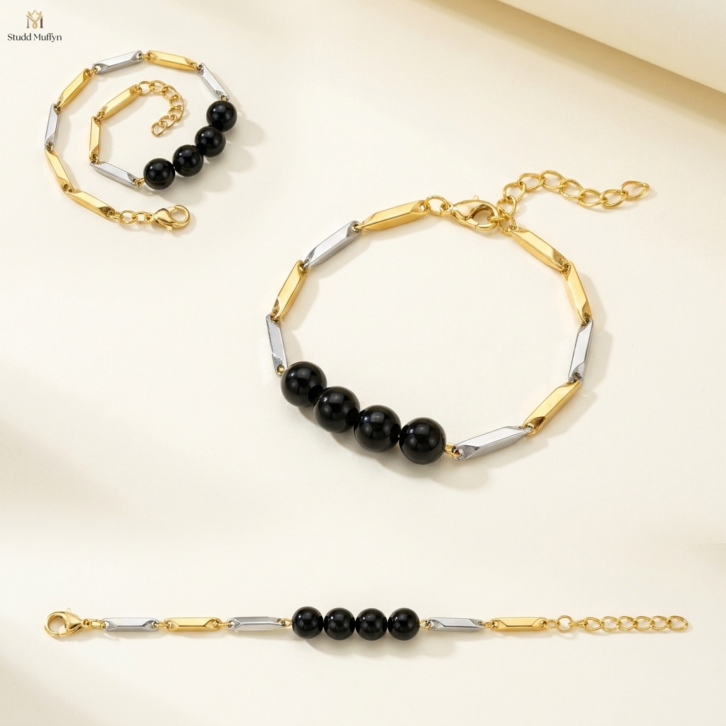 Multi-angle catalog collage of the Black Obsidian dual-tone rice chain bracelet