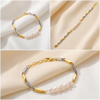 Premium multi-angle catalog collage of the pearl dual-tone rice chain bracelet