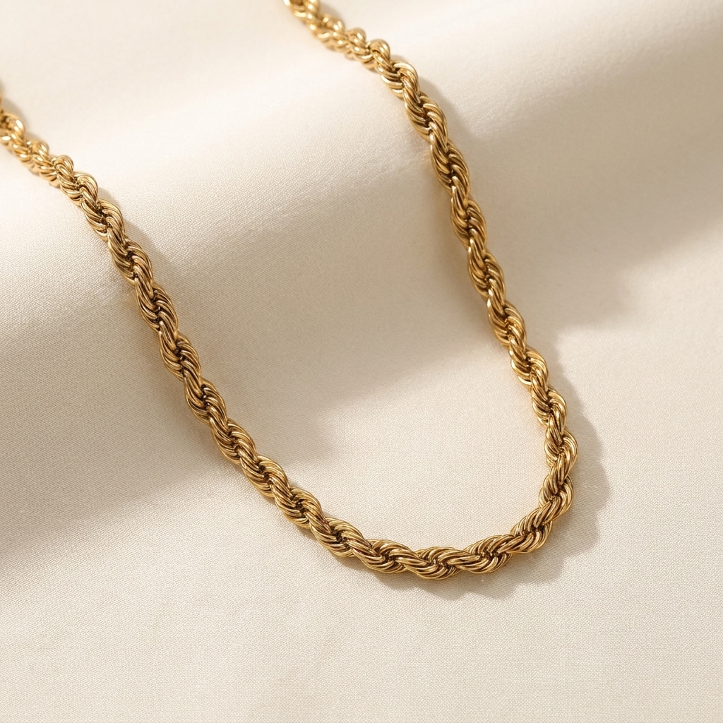 Signature gold-toned rope chain necklace laid on a soft cream surface