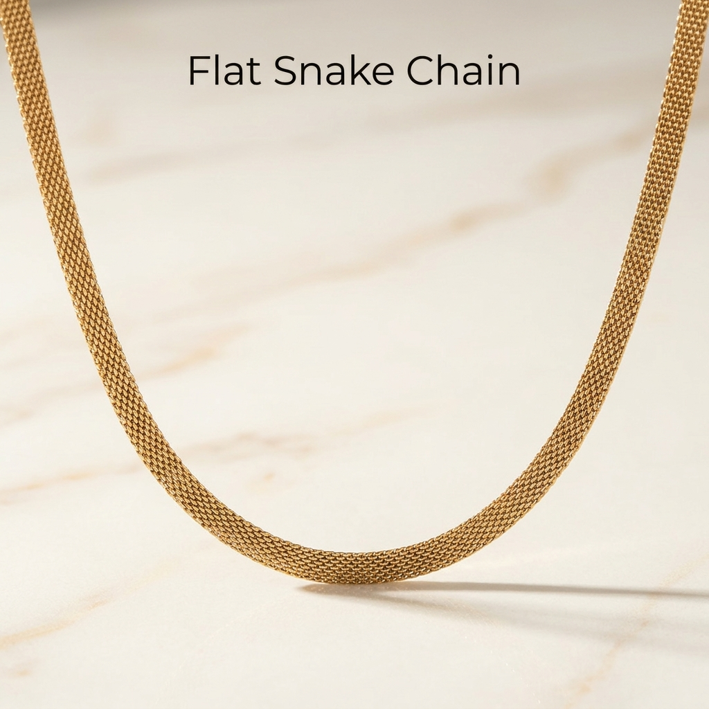 Flat snake chain gold-tone mesh necklace draped in a smooth U-curve