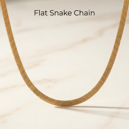 Flat snake chain gold-tone mesh necklace draped in a smooth U-curve