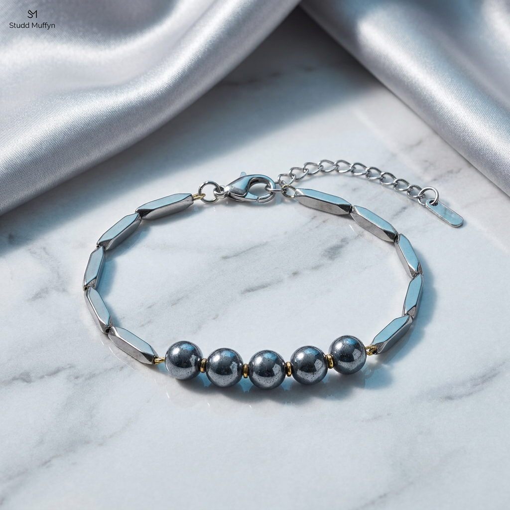 Silver Hematite Rice Bracelet displayed on a bright premium set