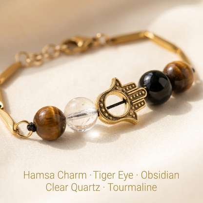 Macro close-up of the gold-toned Hamsa charm and crystal beads on the Nazar Sutra bracelet