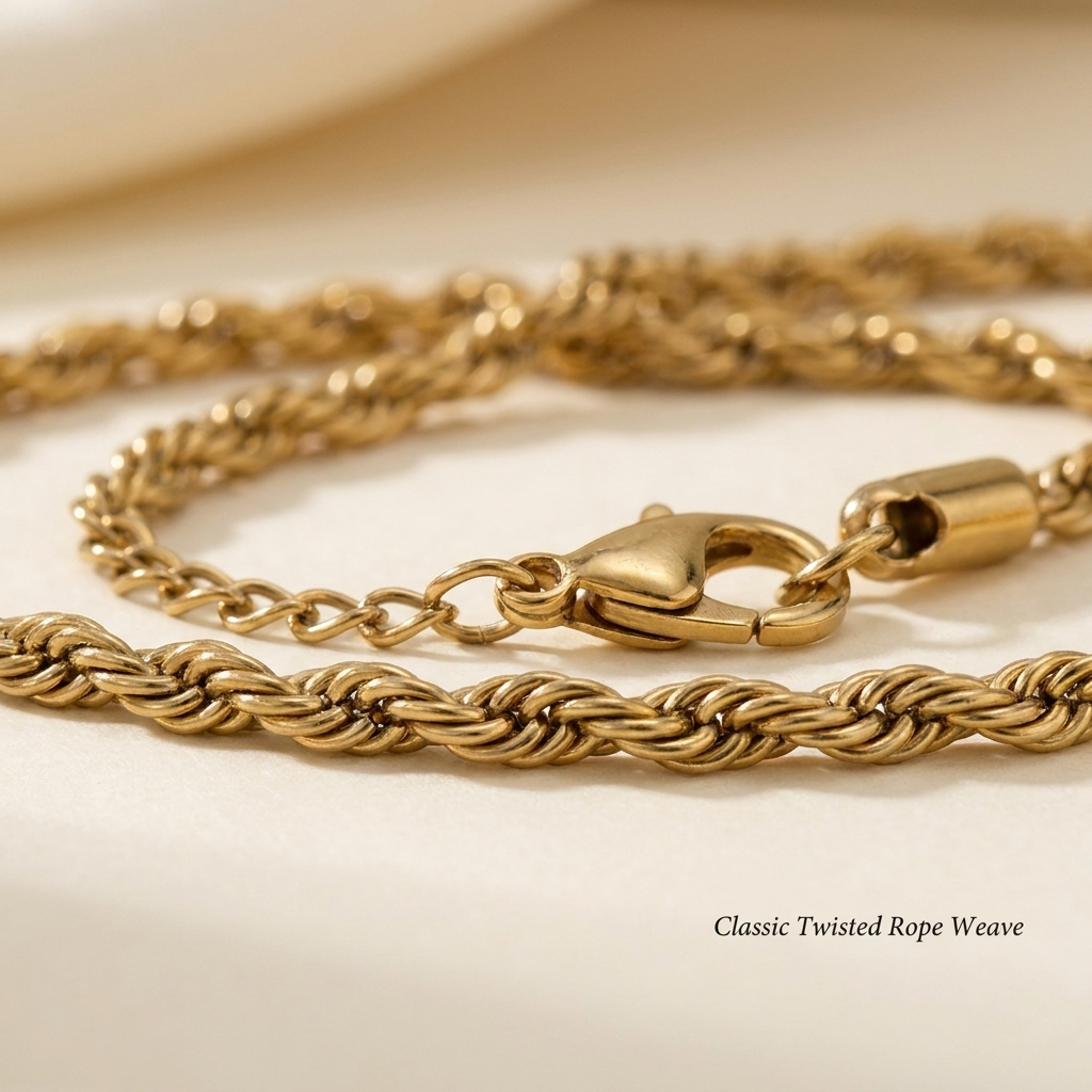 Extreme close-up of the twisted rope weave and lobster clasp of the gold-toned bracelet