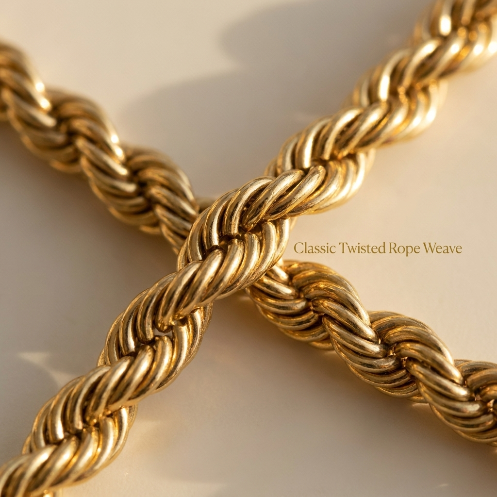 Macro close-up of the twisted rope weave of the gold-toned chain