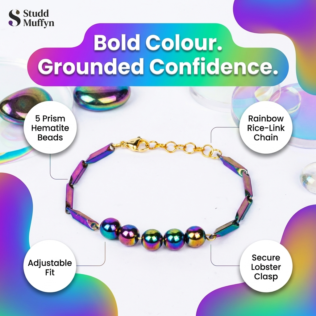 Prism Hematite bracelet surrounded by benefit callout chips