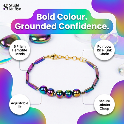 Prism Hematite bracelet surrounded by benefit callout chips