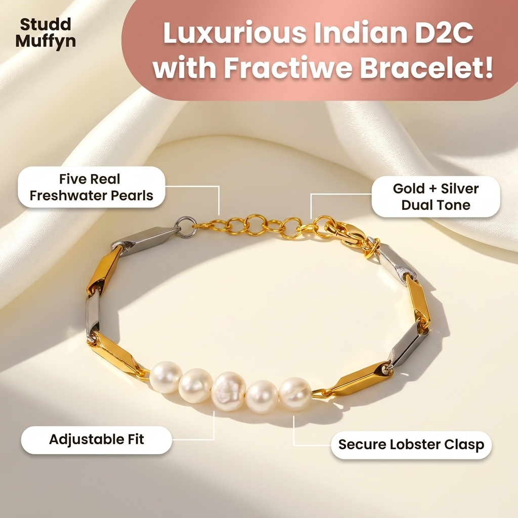 Pearl rice chain bracelet with benefit callout chips highlighting pearls, dual tone, adjustable fit and lobster clasp