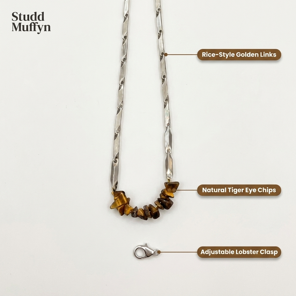 Anatomy breakdown of the Tiger Eye rice chain necklace with part labels