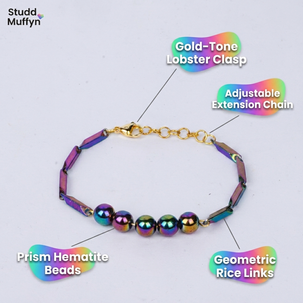 Anatomy breakdown of the Prism Hematite bracelet with material labels