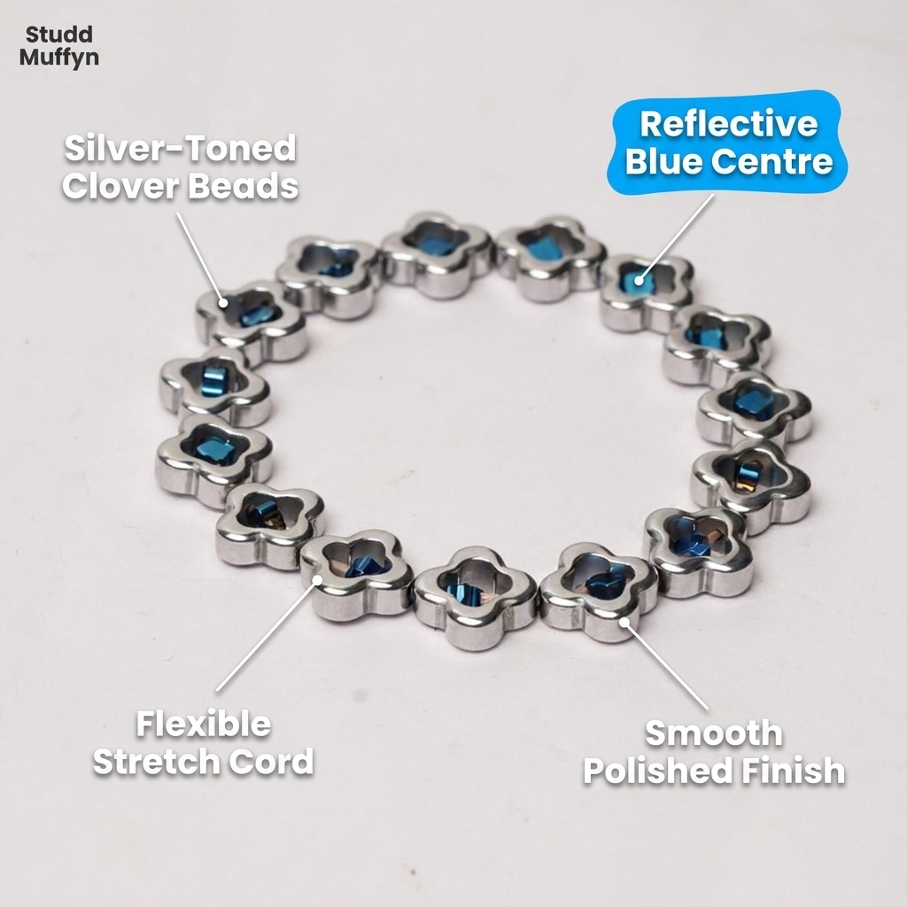 Anatomy breakdown of the clover bracelet materials with leader lines