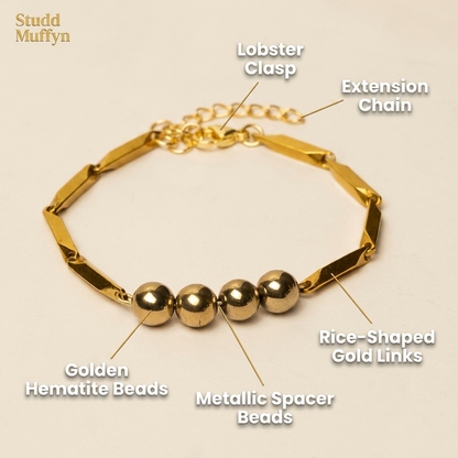 Anatomy breakdown of the Golden Hematite Rice Bracelet parts