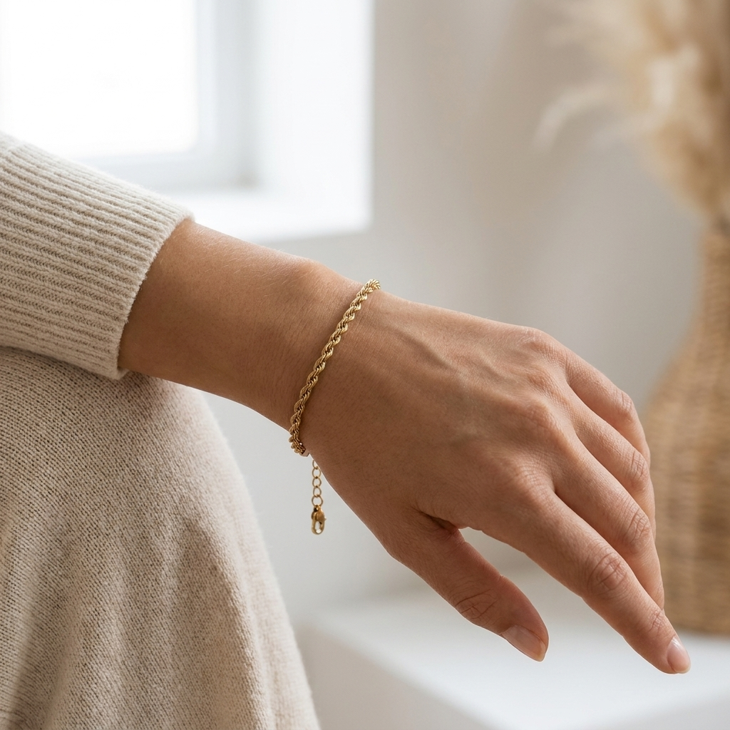 Woman's wrist wearing the gold-toned rope chain bracelet in soft daylight