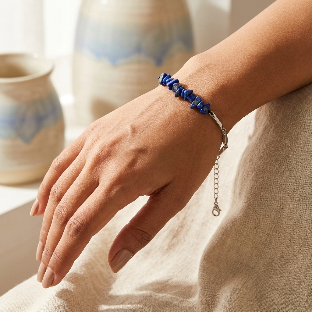 Woman wearing the lapis lazuli silver rice chain bracelet on her wrist