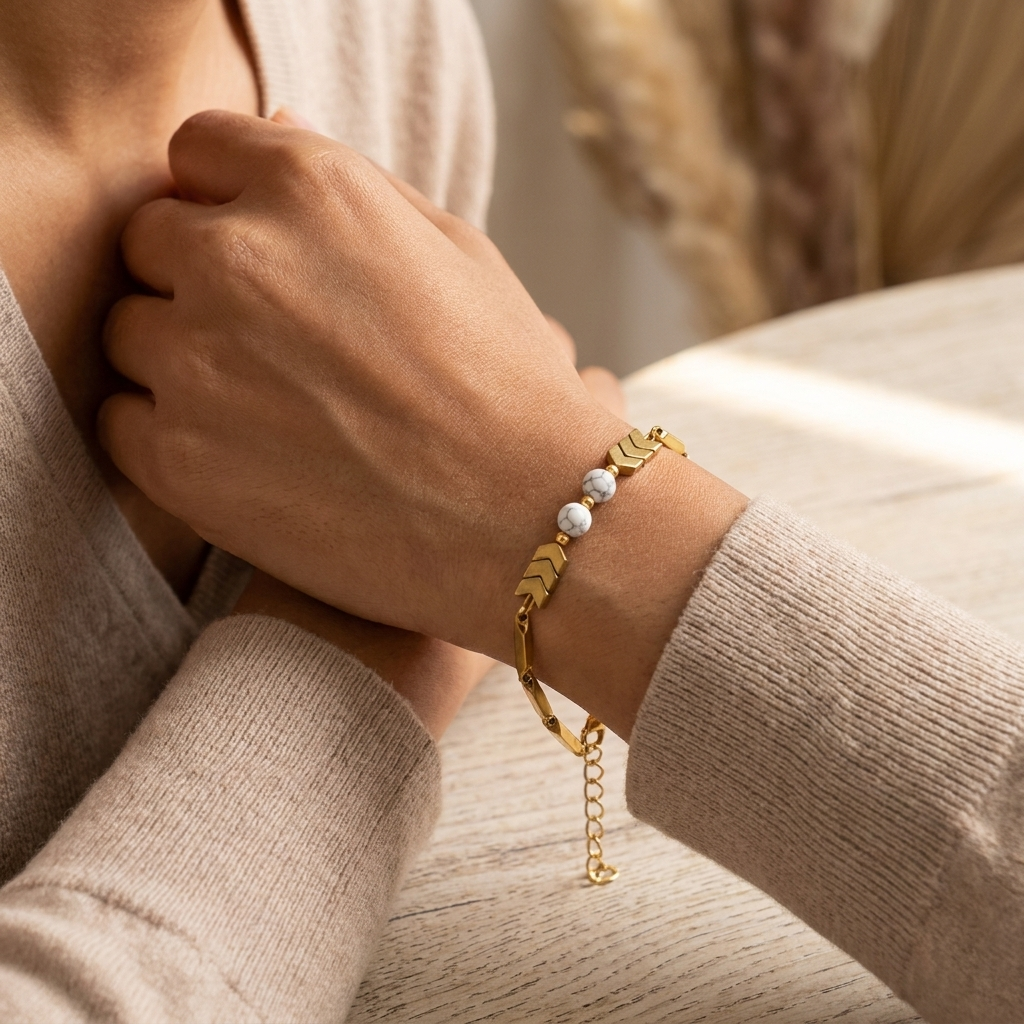 Bracelet worn on a woman's wrist showing fit and drape