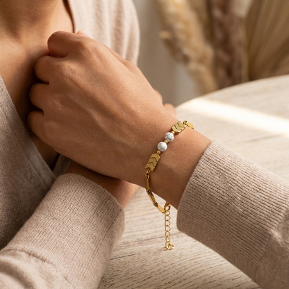 Bracelet worn on a woman's wrist showing fit and drape