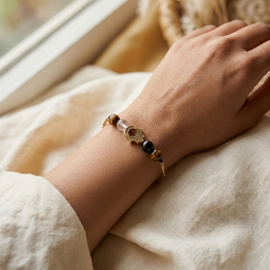 Woman wearing the Nazar Sutra gold-toned Hamsa crystal bracelet on her wrist