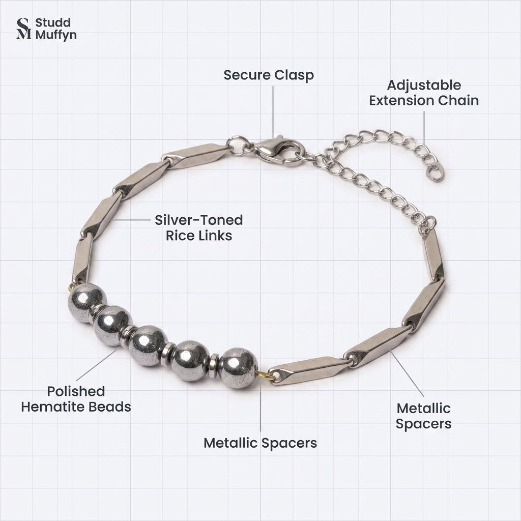 Anatomy breakdown of the Silver Hematite Rice Bracelet parts